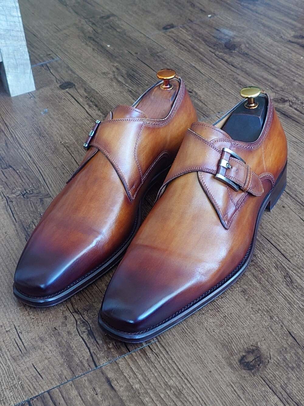 Magnanni Single Monk Strap Dress Shoes 10M Light Brown Burnish Made In Spain